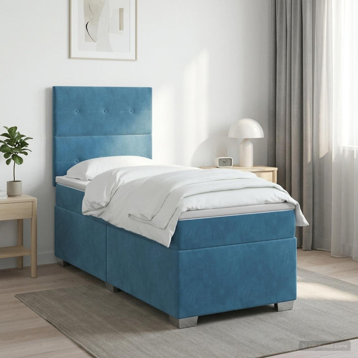 Boxmadras med topmadras med hovedgærde Blå 100 x 200 cm Fløjl
