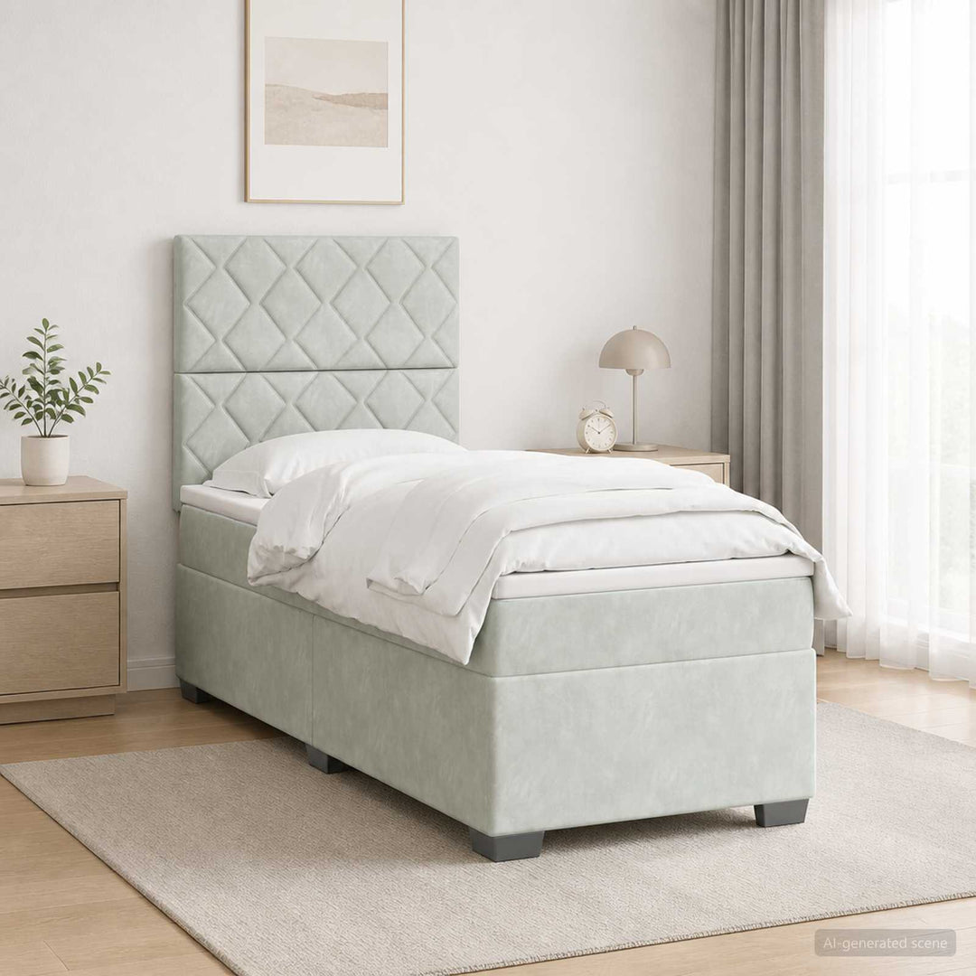 Box Spring Seng med Madras og LED Lysegrå 90 x 190 cm Fløjl
