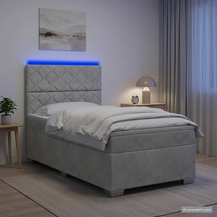 Box Spring Seng med Madras og LED Lysegrå 90 x 190 cm Fløjl