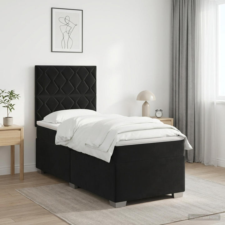 Boxmadras med topmadras med hovedgærde Sort 90 x 190 cm Fløjl