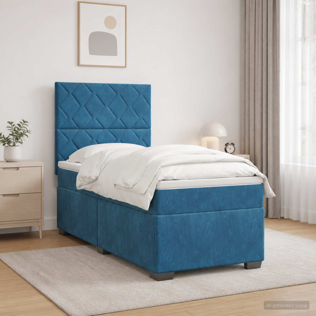 Boxmadras med topmadras med hovedgærde Blå 100 x 200 cm Fløjl