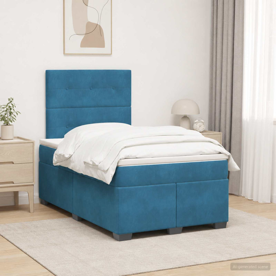 Boxmadras med topmadras med hovedgærde Blå 120 x 190 cm Fløjl
