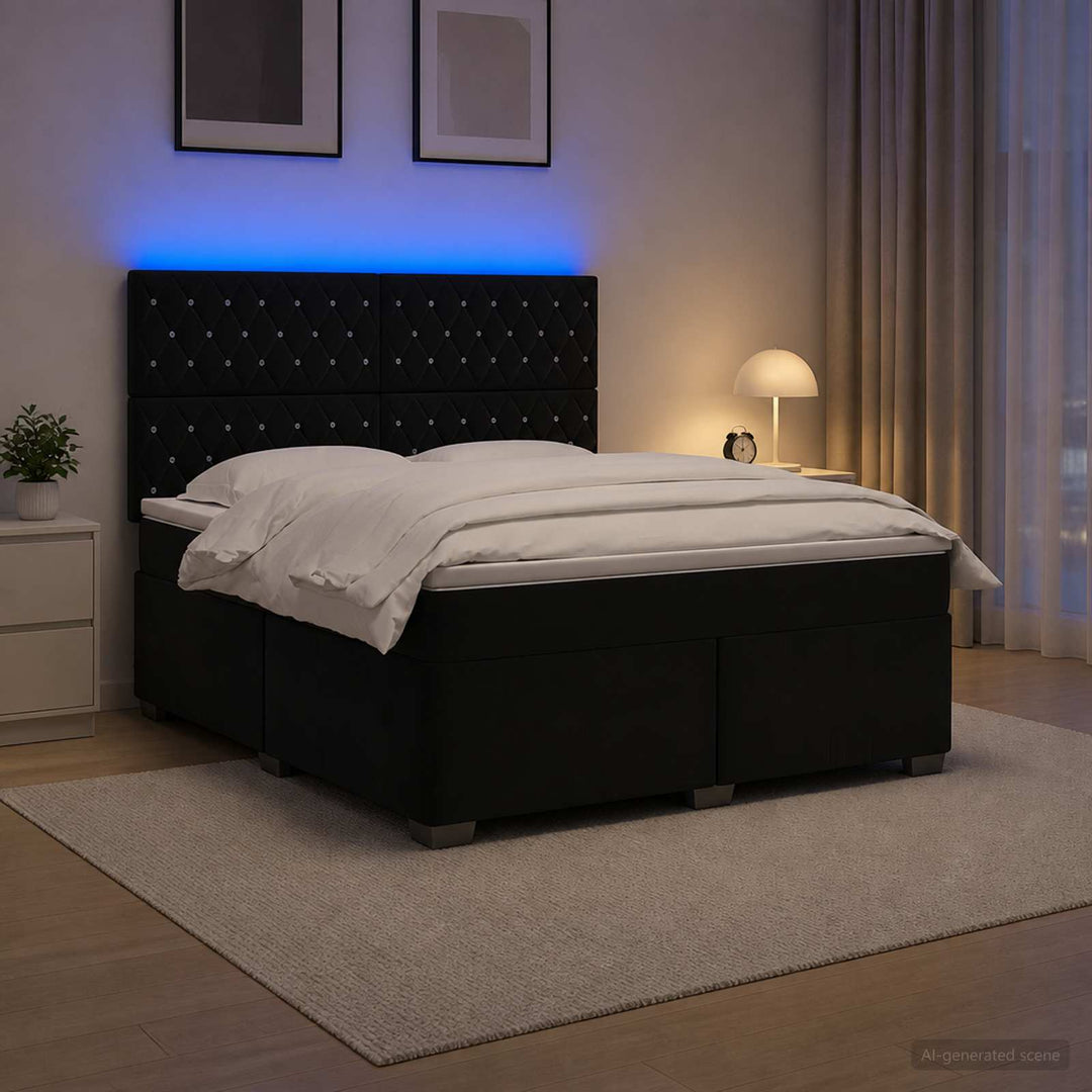 Boxmadras med topmadras med hovedgærde Sort 160 x 200 cm Fløjl