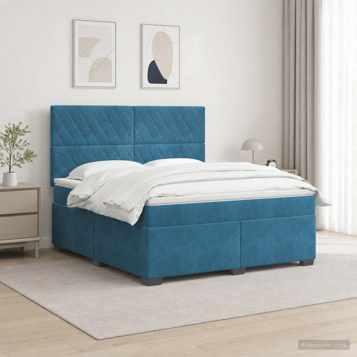 Boxmadras med topmadras med hovedgærde Blå 140 x 190 cm Fløjl