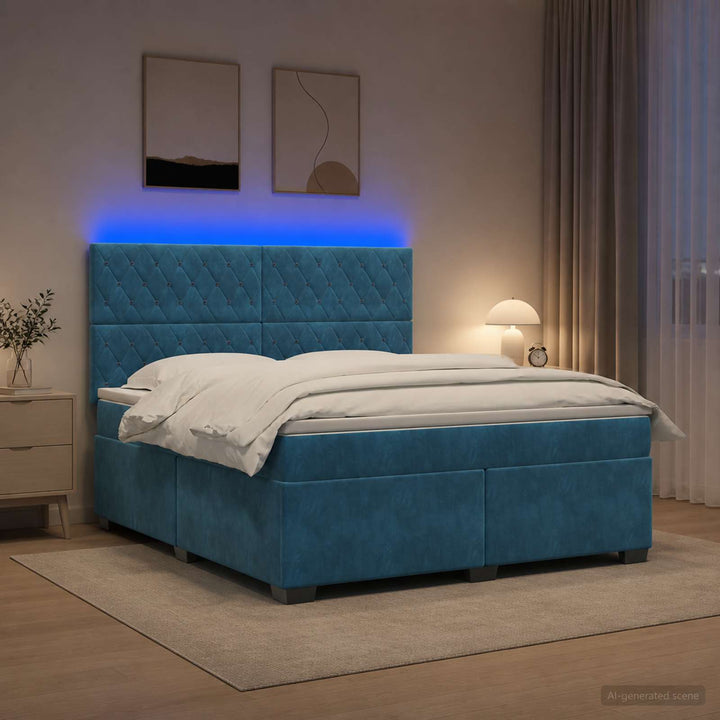 Boxmadras med topmadras med hovedgærde Blå 140 x 190 cm Fløjl