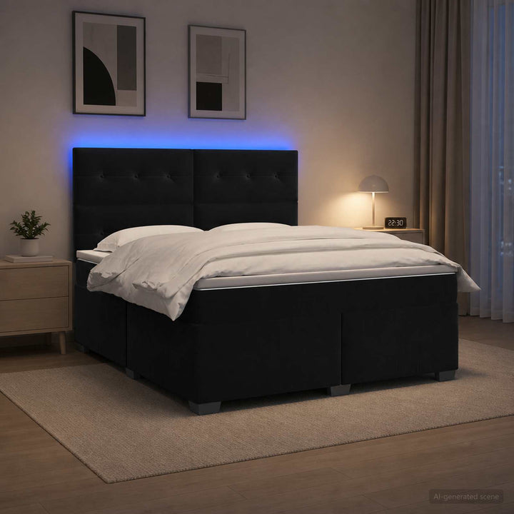 Boxmadras med topmadras med hovedgærde Sort 140 x 190 cm Fløjl