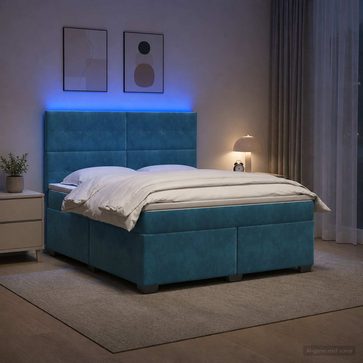 Boxmadras med topmadras med hovedgærde Blå 140 x 190 cm Fløjl