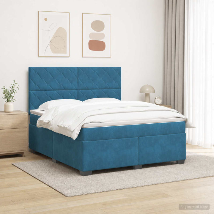 Boxmadras med topmadras med hovedgærde Blå 140 x 200 cm Fløjl