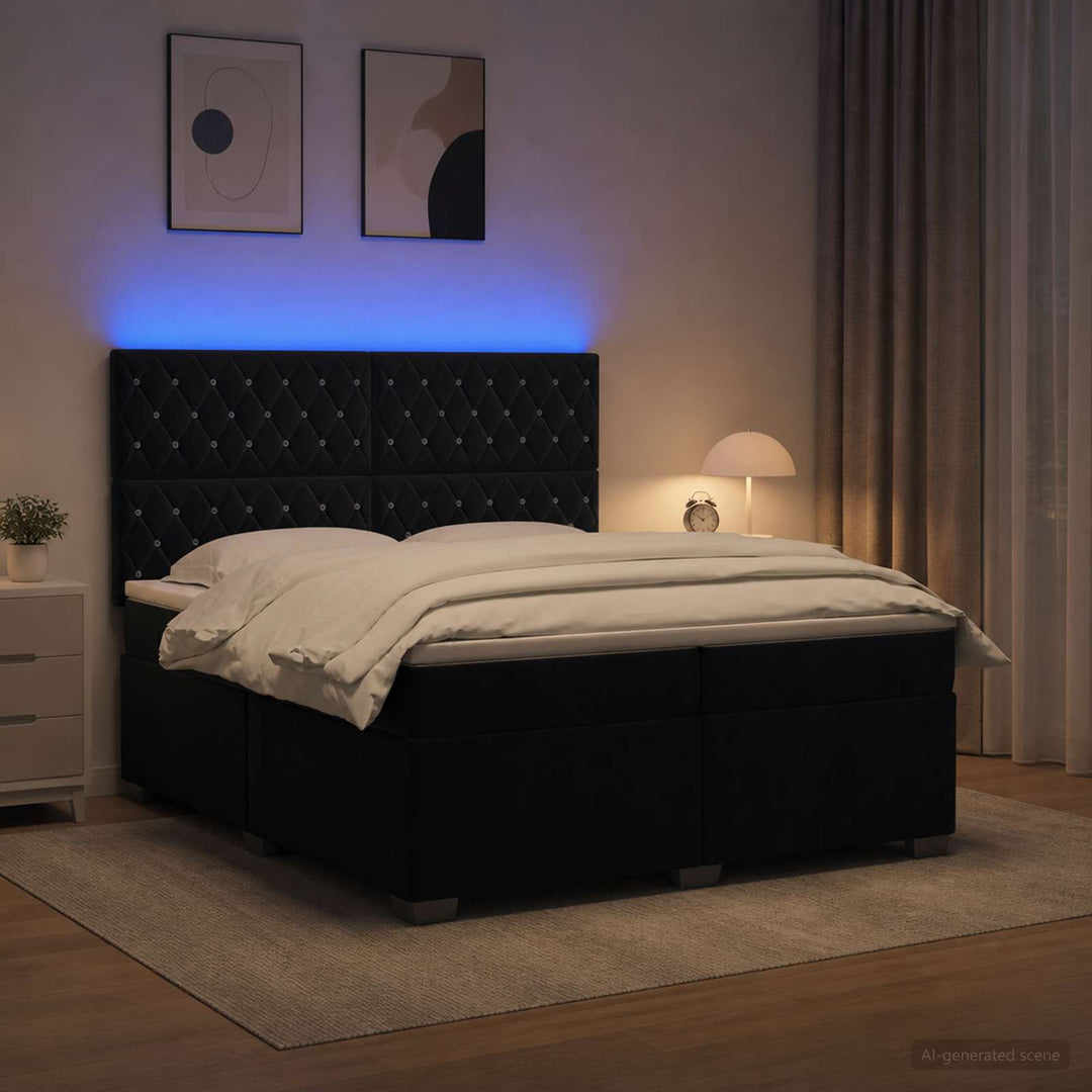 Boxmadras med topmadras med hovedgærde Sort 200 x 200 cm Fløjl