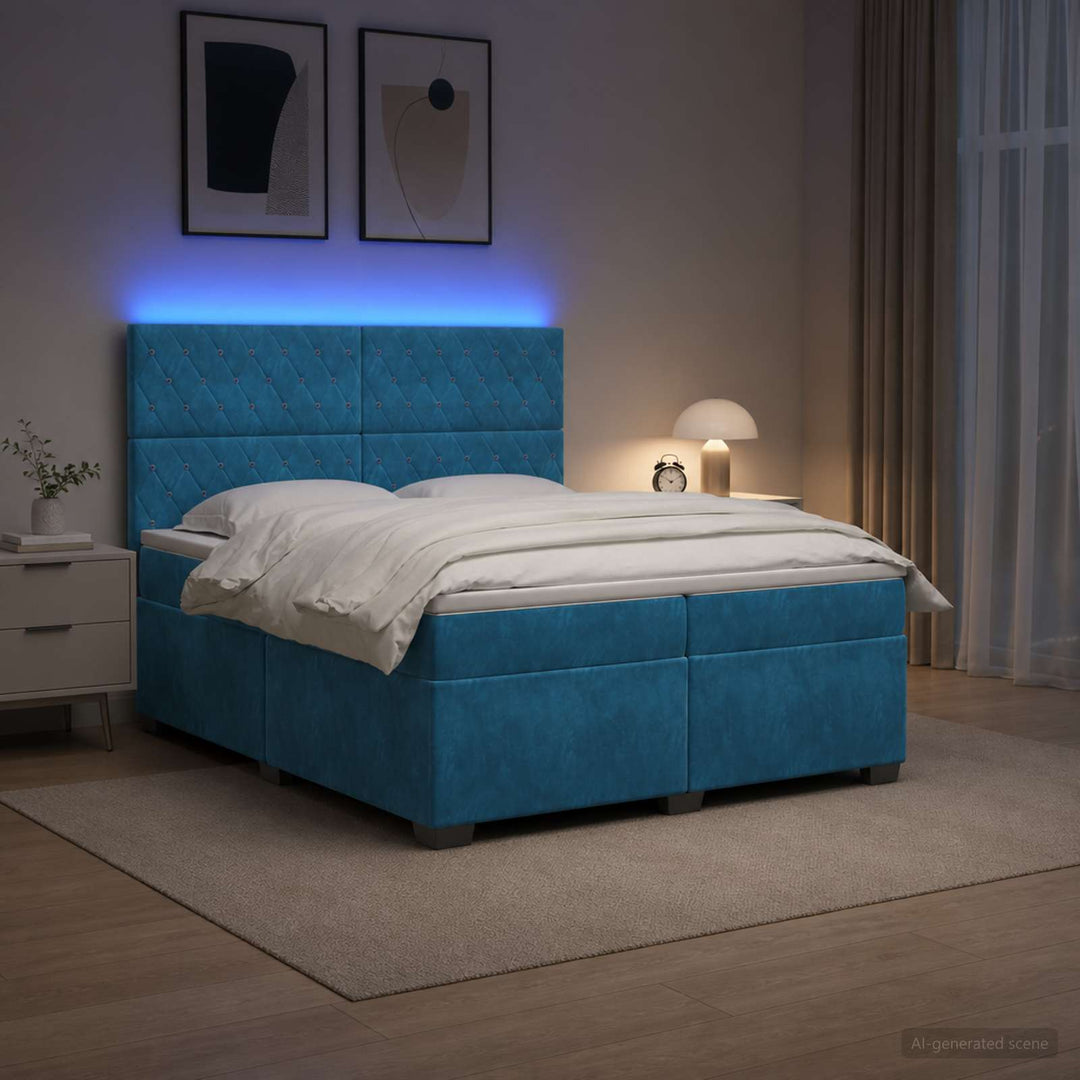 Boxmadras med topmadras med hovedgærde Blå 200 x 200 cm Fløjl