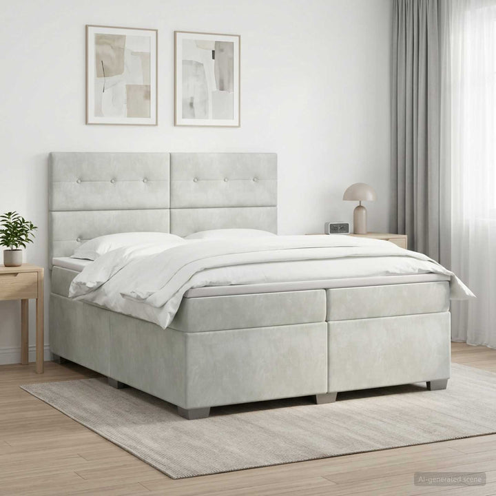 Boxmadras med topmadras Lysegrå 200 x 200 cm Fløjl
