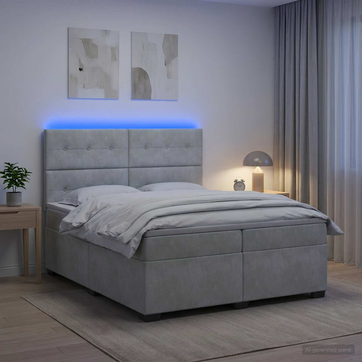 Boxmadras med topmadras Lysegrå 200 x 200 cm Fløjl
