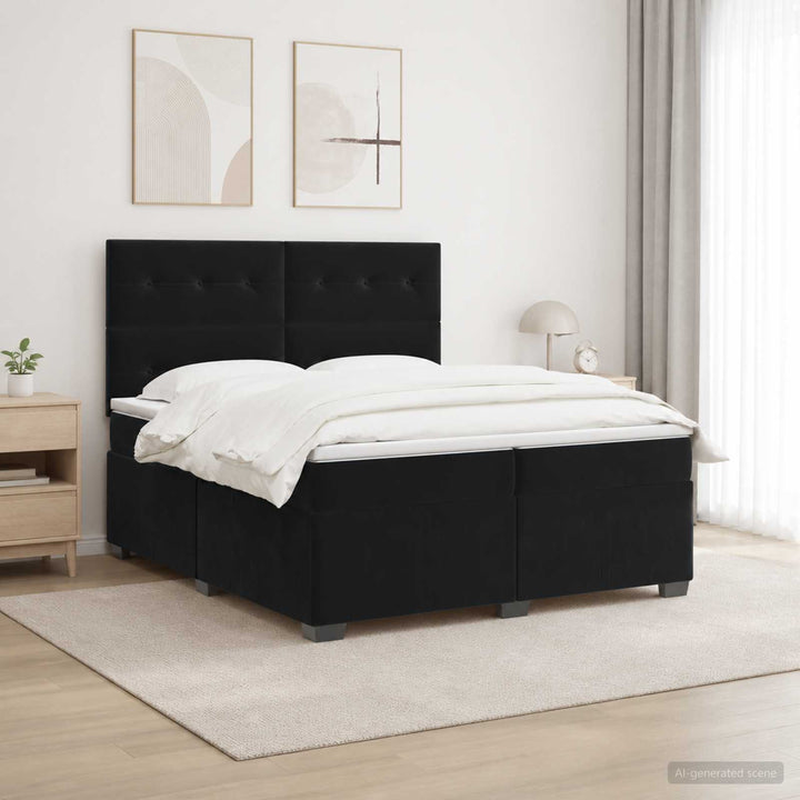 Boxmadras med topmadras med hovedgærde Sort 200 x 200 cm Fløjl