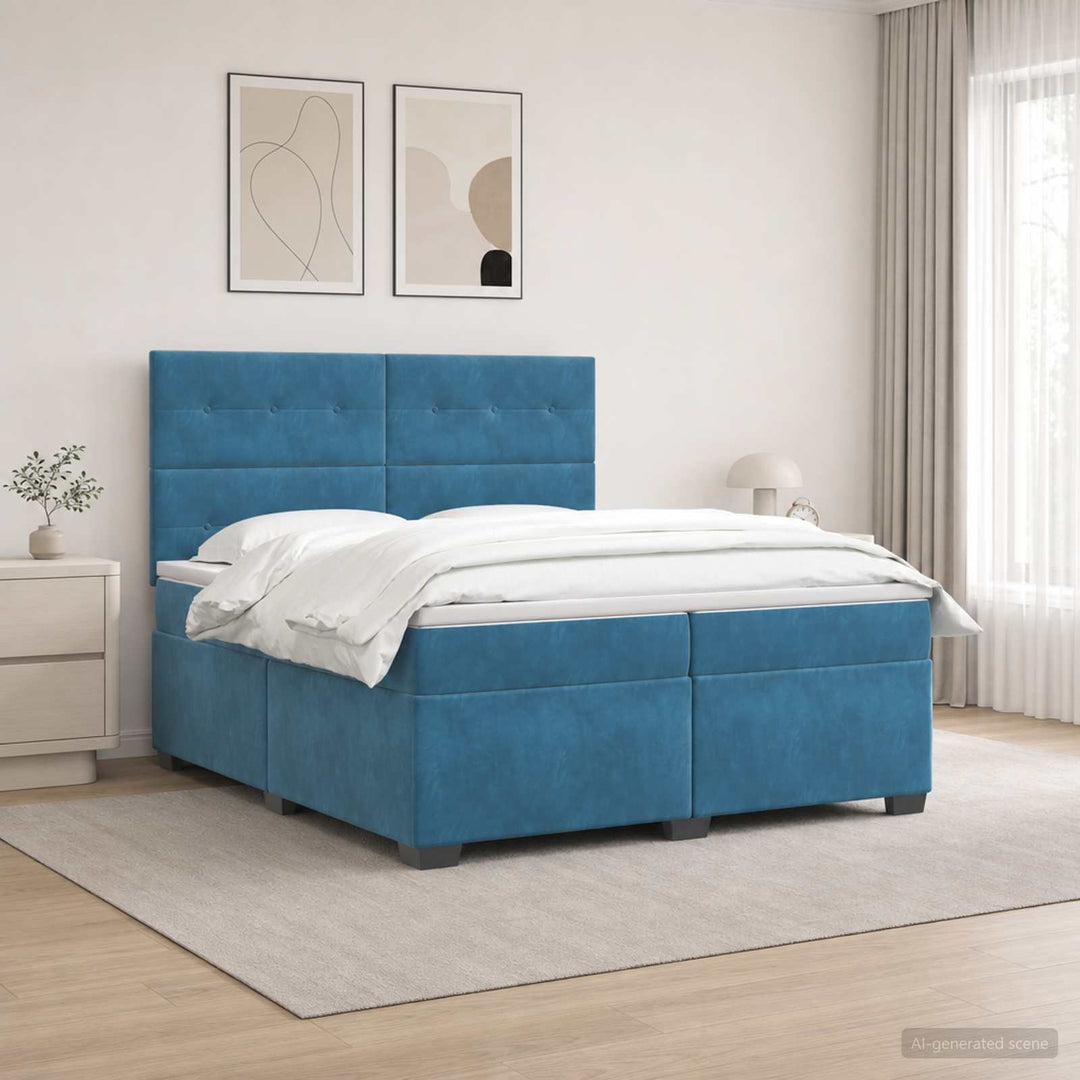 Boxmadras med topmadras med hovedgærde Blå 200 x 200 cm Fløjl
