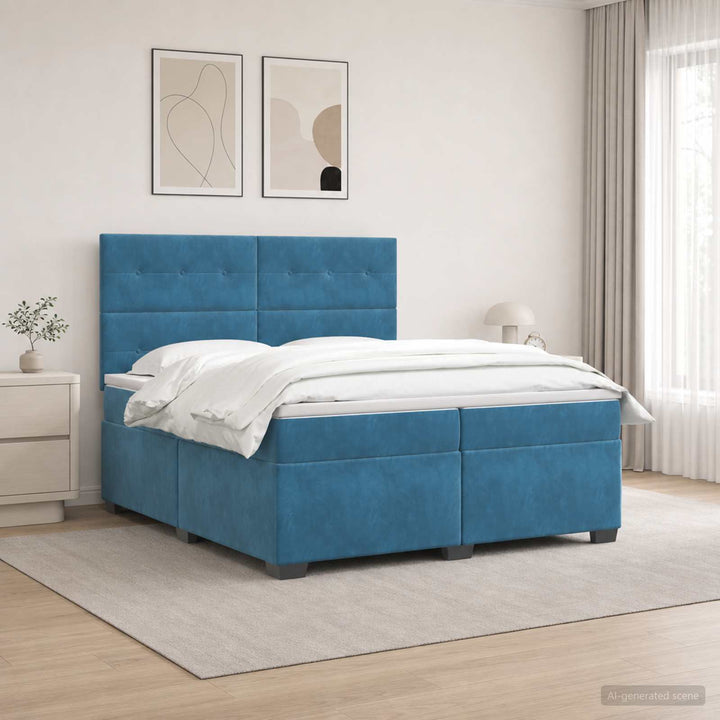 Boxmadras med topmadras med hovedgærde Blå 200 x 200 cm Fløjl