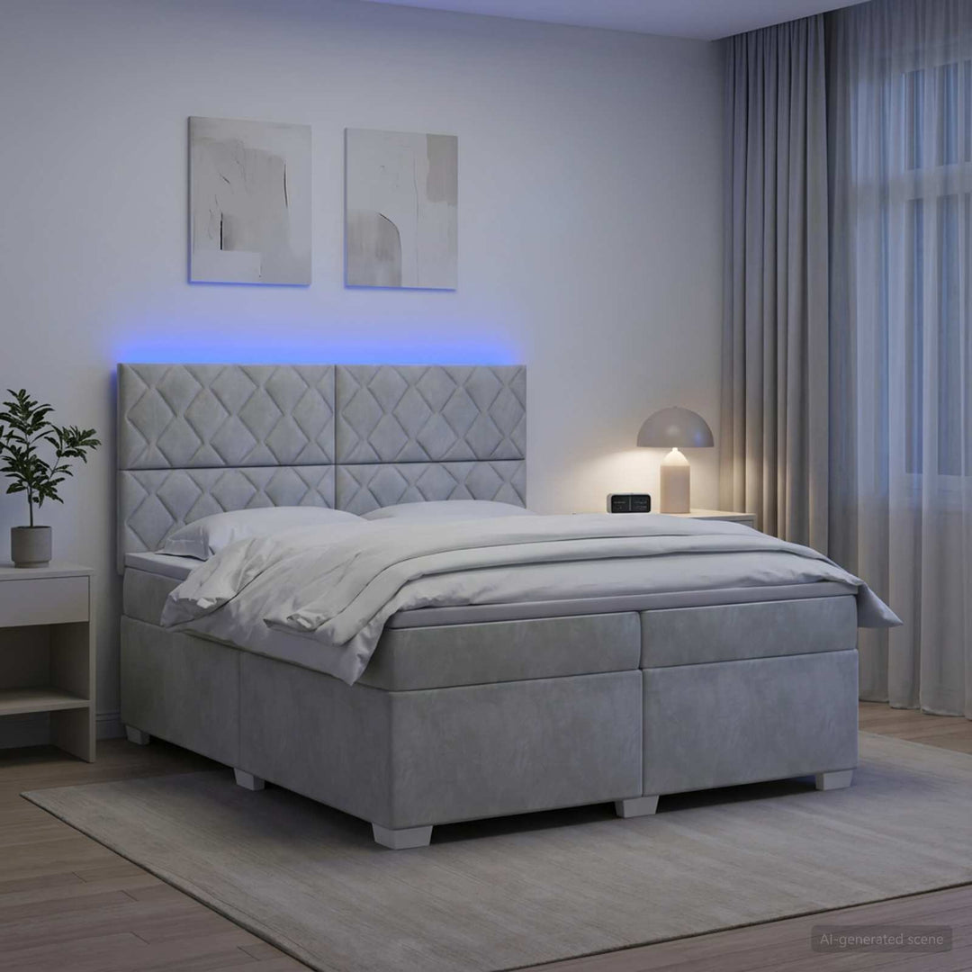 Boxmadras med topmadras Lysegrå 200 x 200 cm Fløjl