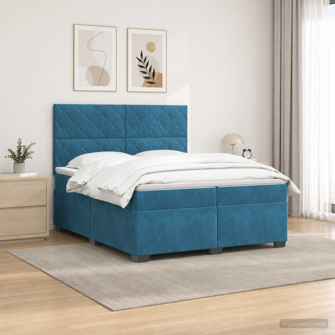 Boxmadras med topmadras med hovedgærde Blå 200 x 200 cm Fløjl