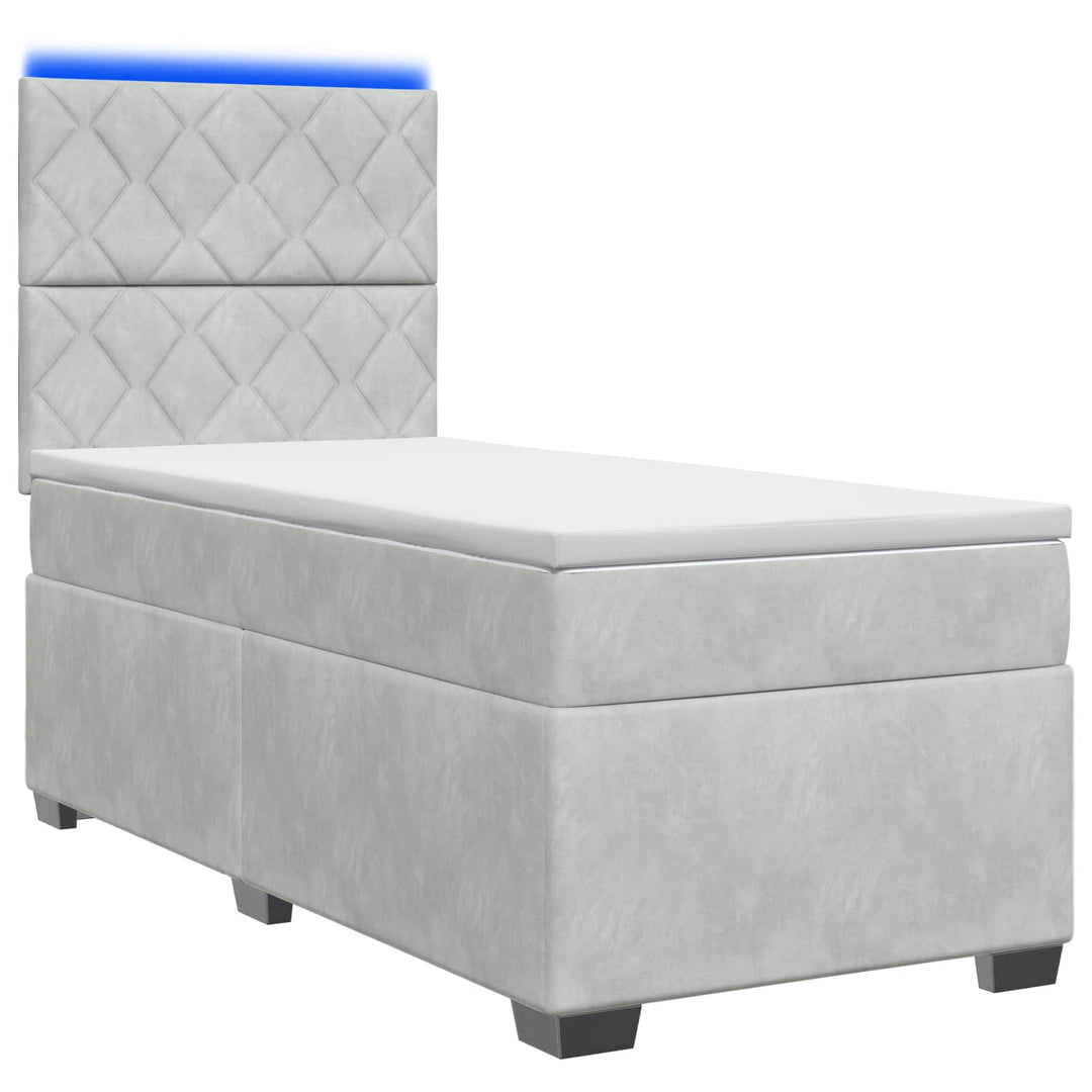 Box Spring Seng med Madras og LED Lysegrå 90 x 190 cm Fløjl