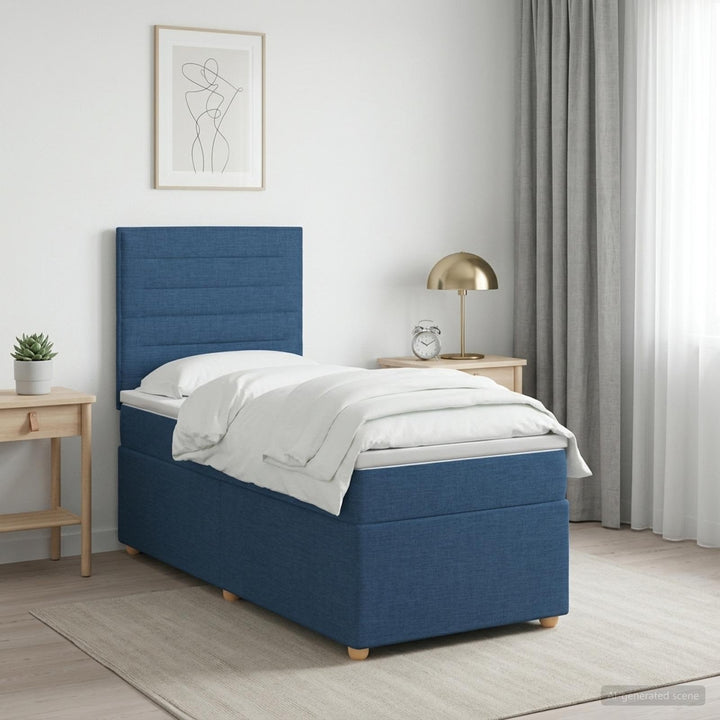 Boxmadras med topmadras med hovedgærde Blå 90 x 190 cm Stof