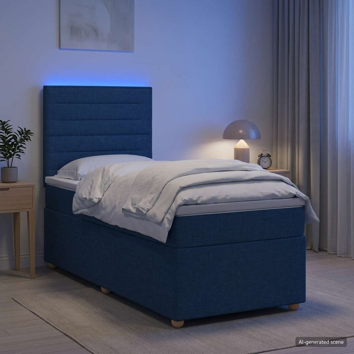 Boxmadras med topmadras med hovedgærde Blå 90 x 190 cm Stof