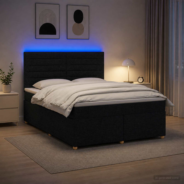 Boxmadras med topmadras med hovedgærde Sort 160 x 200 cm Stof