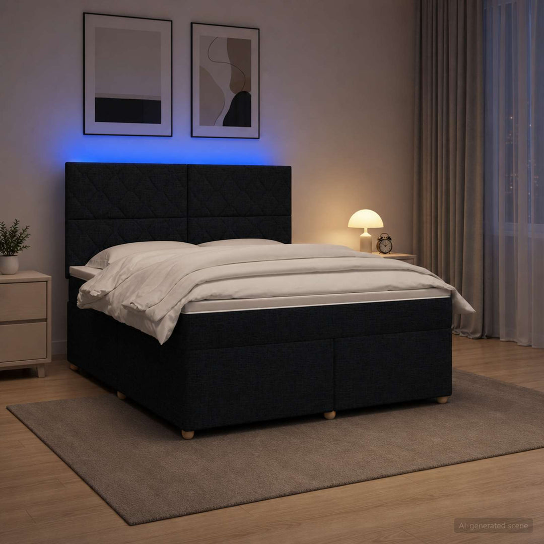 Boxmadras med topmadras med hovedgærde Sort 140 x 200 cm Stof