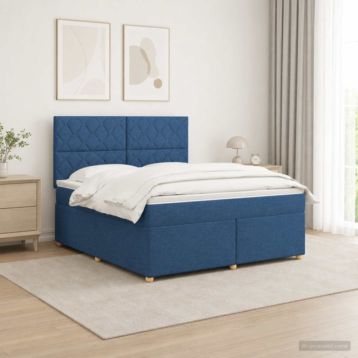 Boxmadras med topmadras med hovedgærde Blå 180 x 200 cm Stof