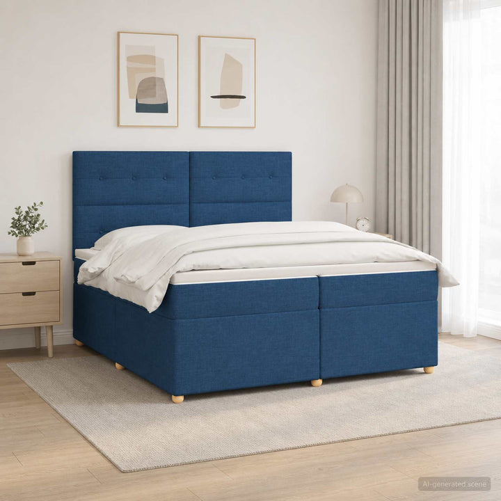 Boxmadras med topmadras med hovedgærde Blå 200 x 200 cm Stof