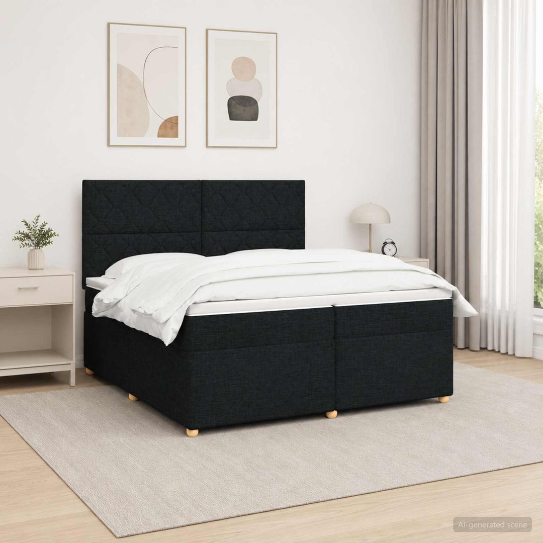 Boxmadras med topmadras med hovedgærde Sort 200 x 200 cm Stof