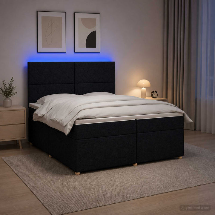 Boxmadras med topmadras med hovedgærde Sort 200 x 200 cm Stof