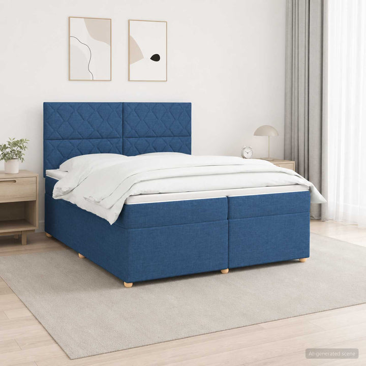 Boxmadras med topmadras med hovedgærde Blå 200 x 200 cm Stof