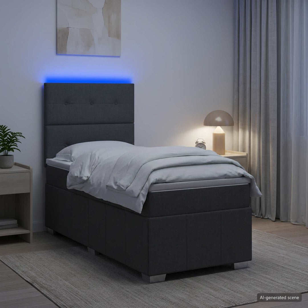 LED boksmadrasseng med madras Mørkegrå 90 x 190 cm Stof