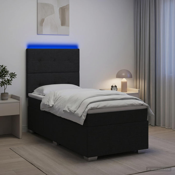 LED boksmadrasseng med madras Sort 90 x 190 cm Stof