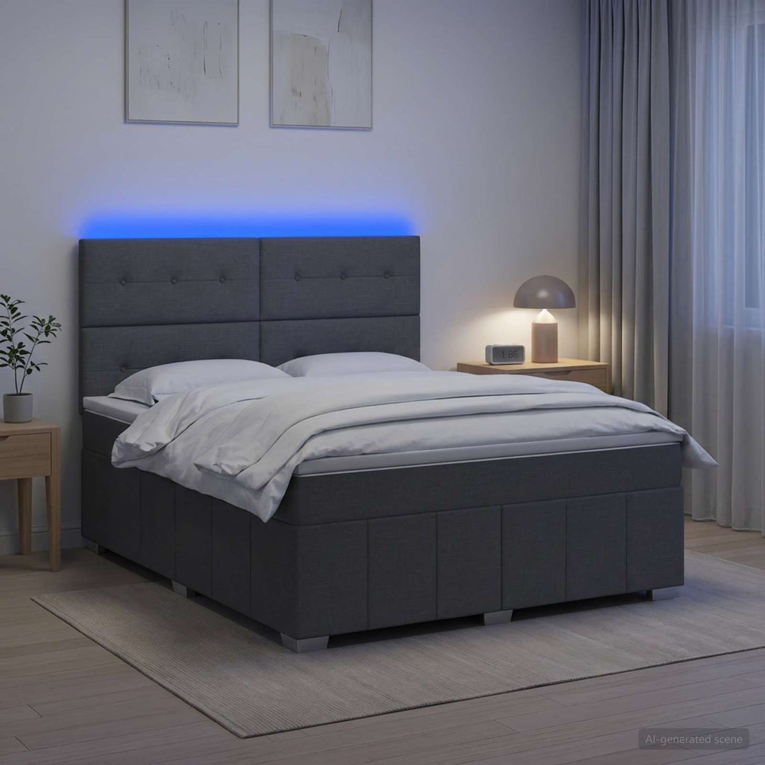 LED boksmadrasseng med madras Mørkegrå 180 x 200 cm Stof