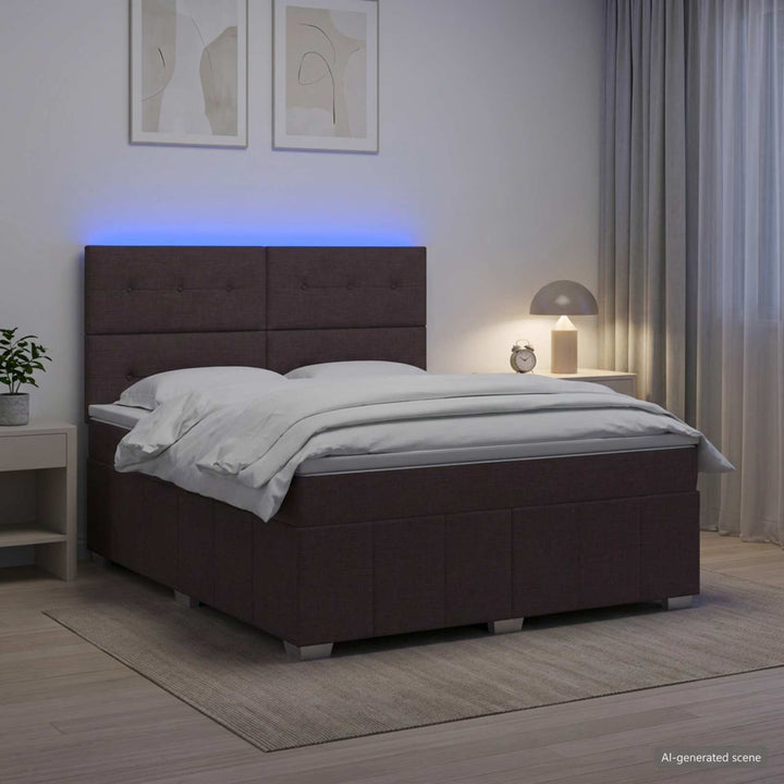 LED boksmadrasseng med madras Mørk Brun 140 x 200 cm Stof