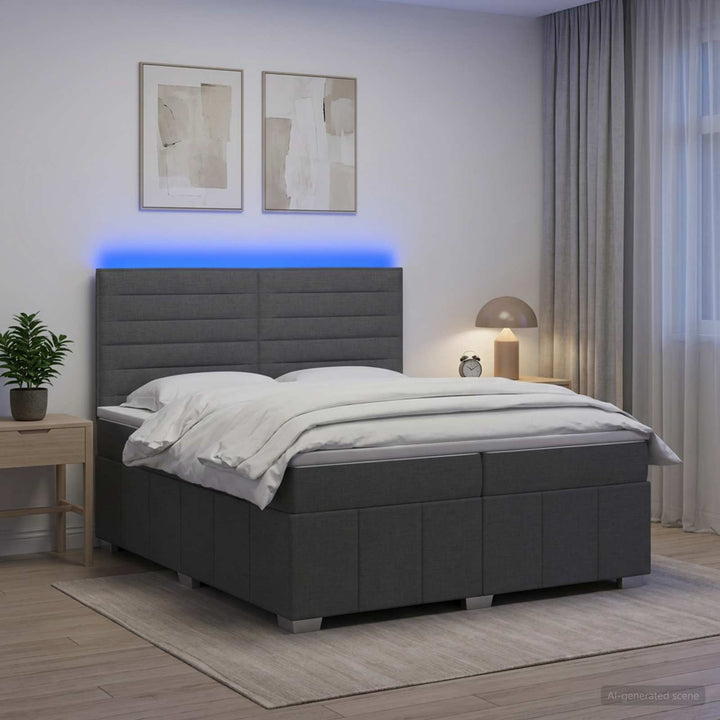 LED boksmadrasseng med madras Mørkegrå 200 x 200 cm Stof