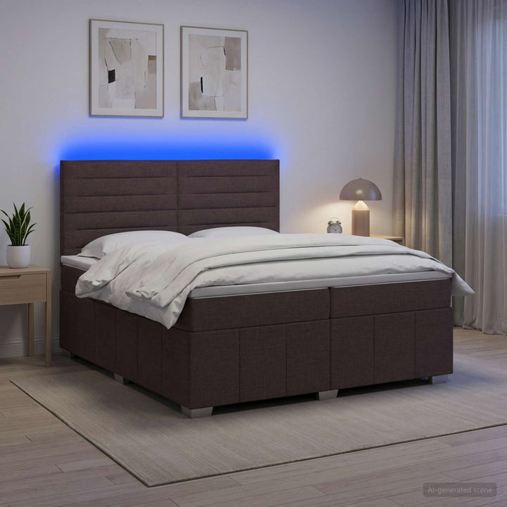 LED boksmadrasseng med madras Mørk Brun 200 x 200 cm Stof