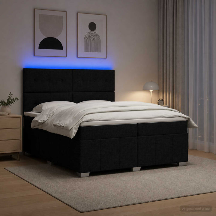 LED boksmadrasseng med madras Sort 200 x 200 cm Stof