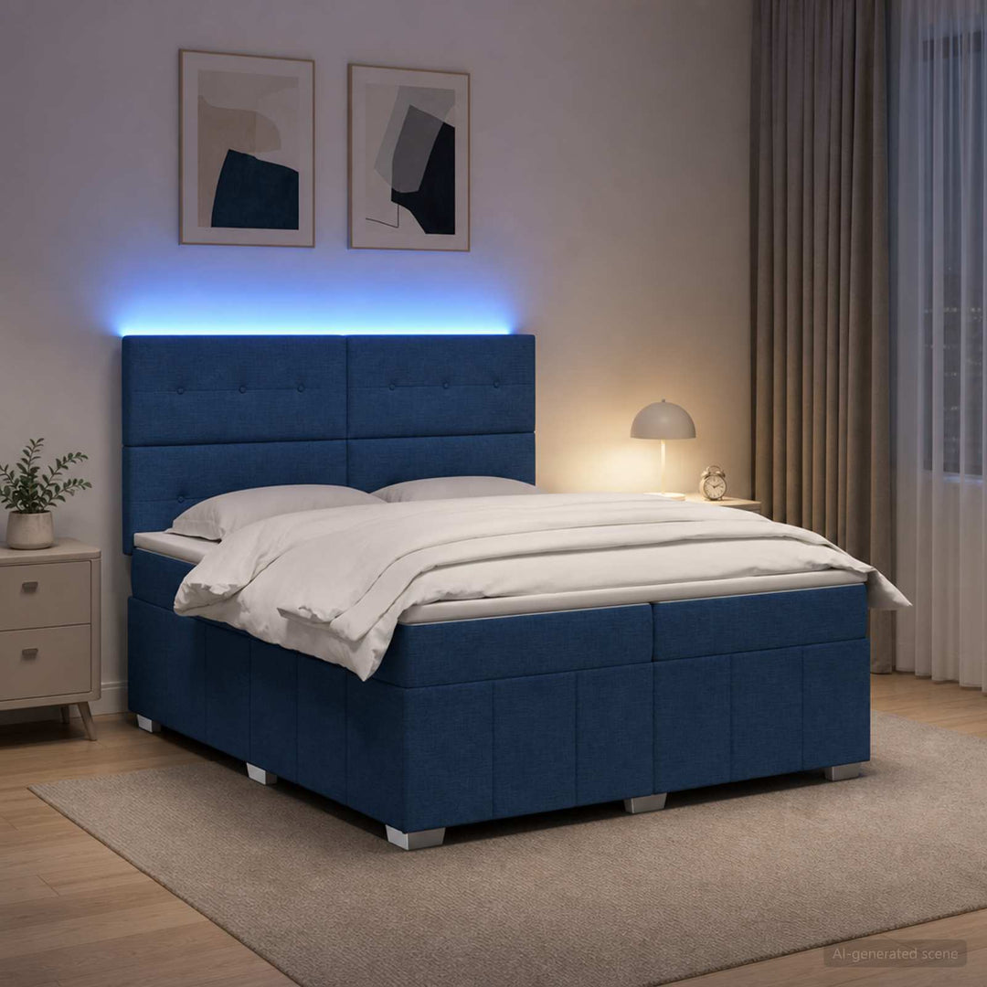 LED boksmadrasseng med madras Blå 200 x 200 cm Stof