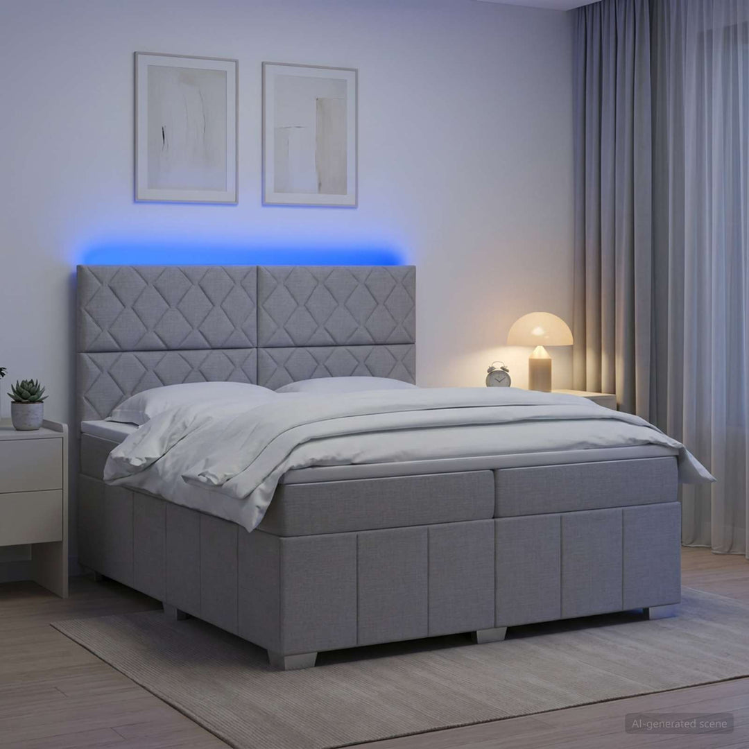 LED boksmadrasseng med madras Lysegrå 200 x 200 cm Stof