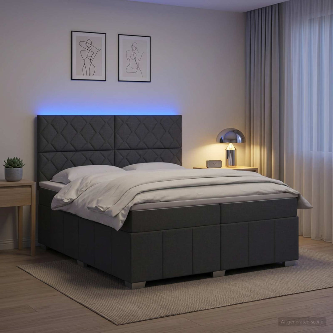 LED boksmadrasseng med madras Mørkegrå 200 x 200 cm Stof