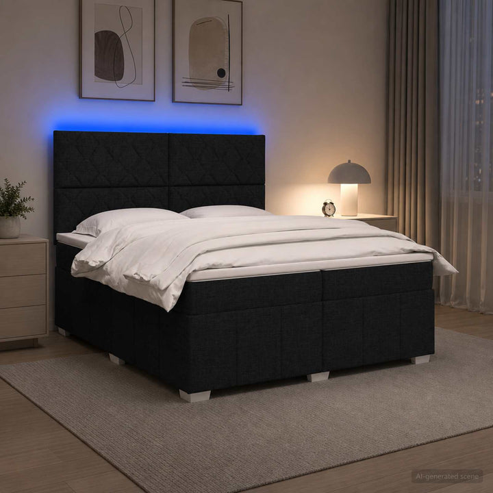 LED boksmadrasseng med madras Sort 200 x 200 cm Stof