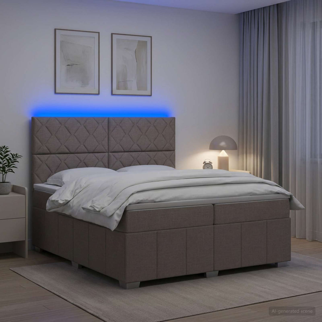 LED boksmadrasseng med madras Gråbrun 200 x 200 cm Stof