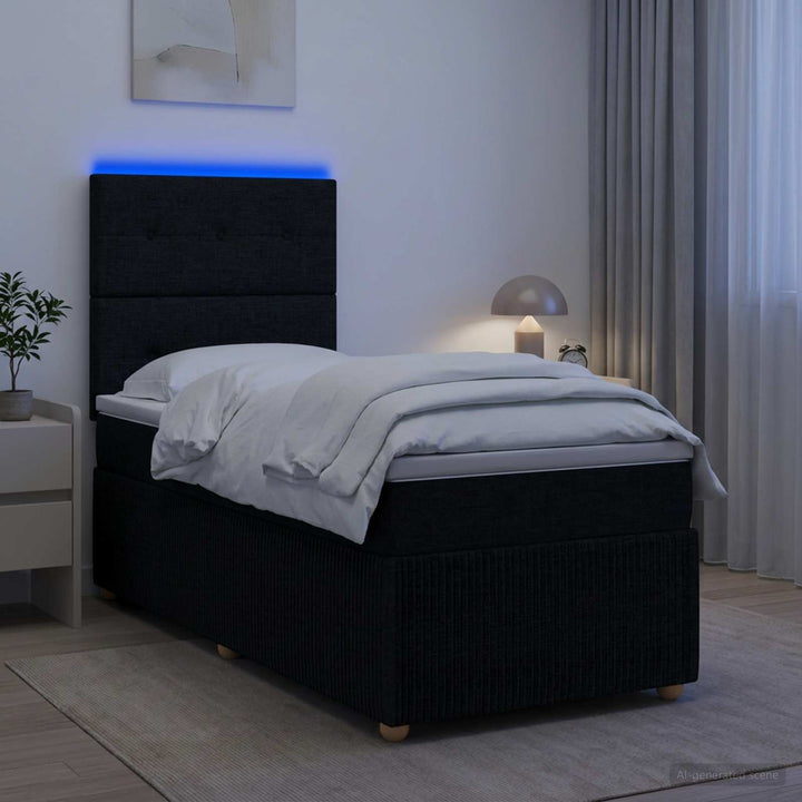 LED boksmadrasseng med madras Sort 90 x 200 cm Stof