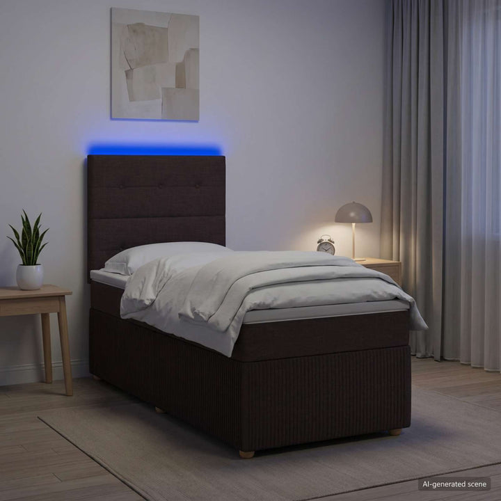 LED boksmadrasseng med madras Mørk Brun 90 x 190 cm Stof