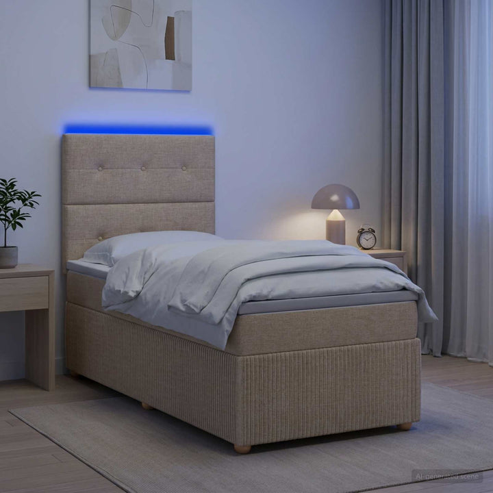 LED boksmadrasseng med madras Cremefarvet 90 x 190 cm Stof