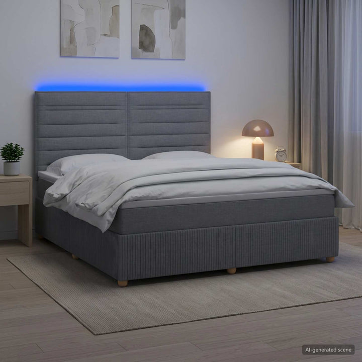LED boksmadrasseng med madras Lysegrå 140 x 190 cm Stof
