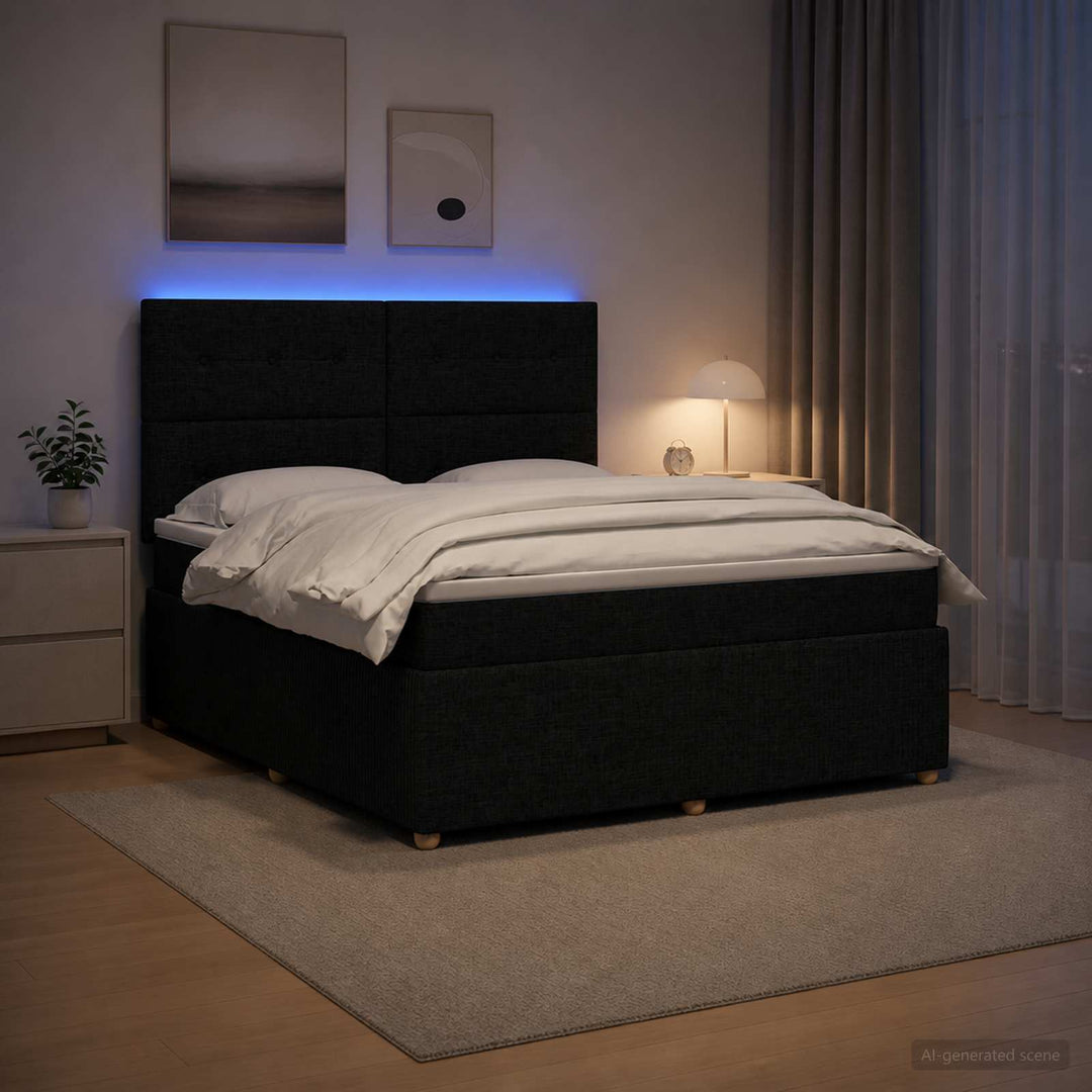 LED boksmadrasseng med madras Sort 180 x 200 cm Stof
