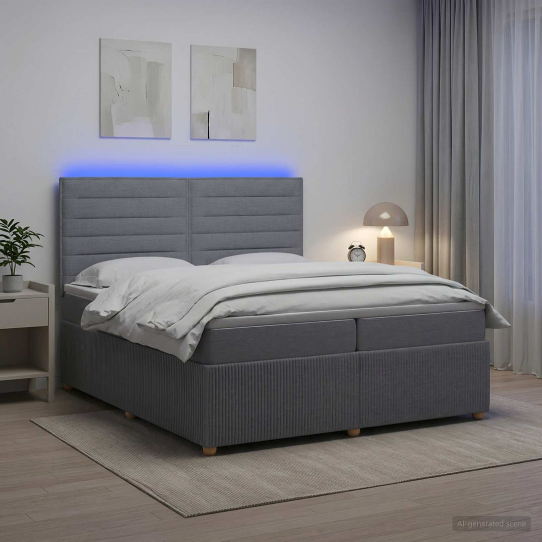 LED boksmadrasseng med madras Lysegrå 200 x 200 cm Stof