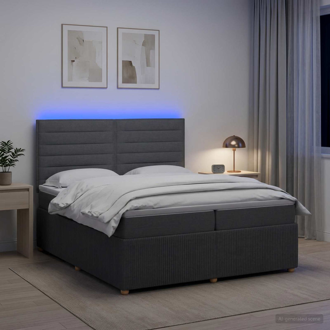 LED boksmadrasseng med madras Mørkegrå 200 x 200 cm Stof